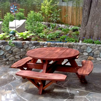 Round Wooden Picnic Tables (Attached Benches) (Options: 4.5' Diameter, Attached Benches, California Redwood, Standard Tabletop, No Lazy Susan, No Umbrella Hole & Plug, Coffee-Stain Premium Sealant). Photo Courtesy of D. Kenyon of Ashland, Oregon.
